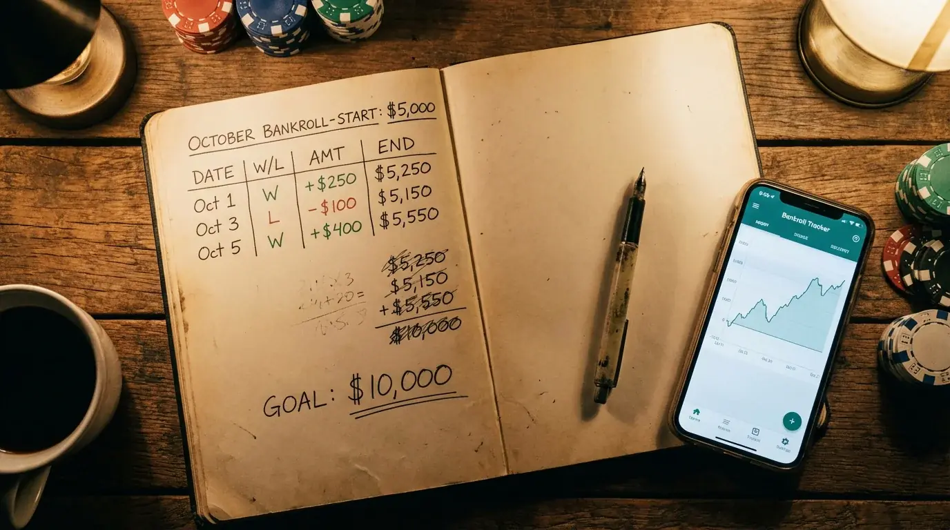 Caderno com registos de gestão de banca e caneta sobre mesa junto a um telemóvel